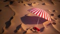 A Red And White Umbrella Sitting On A Sandy