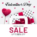 Red White Valentines Day Sale Poster with Box and Bag Royalty Free Stock Photo