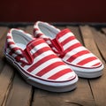 Red And White Vans Slipons With Canvas Stripes