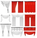 Red and white velvet silk curtains and draperies set. Interior realistic luxury scarlet curtains decoration design. Royalty Free Stock Photo