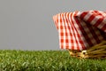 Red and white vichy fabric and basket lying on green grass