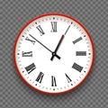 Red and white wall office clock icon with roman numbers. Design template vector closeup. Mock-up for branding and advertise