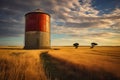Red and white water tower in field of grass. Generative AI Royalty Free Stock Photo