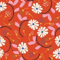 Red with white whimsical flower elements seamless pattern background design.