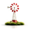 Red and White Windmill in a Patch of Lush Green Grass Against a Pristine White Background: A Whimsical 3D Render Royalty Free Stock Photo