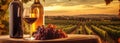 Red and white wine bottle, grapes and wineyards as symbols of a vitivulture with a sunset in the background. Generative AI Royalty Free Stock Photo