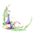 Red and white wine bottle,rosemary,grapes and cheese Royalty Free Stock Photo