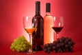 Red and white wine bottles; grape an drinking glasses Royalty Free Stock Photo