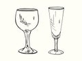 Red and white wine glass isolated, outline simple doodle drawing, gravure style Royalty Free Stock Photo