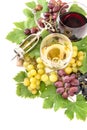 Red white wine glasses grape vine leaves Royalty Free Stock Photo