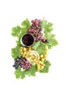 Red white wine glasses green grape vine leaves Food beverages Royalty Free Stock Photo