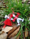 Red and white wool dolls martisor in green grass