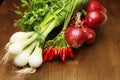 Red and white young onions with red pepper Royalty Free Stock Photo
