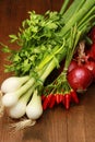 Red and white young onions with red pepper Royalty Free Stock Photo