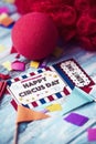 Red wig, clown nose and text happy circus day Royalty Free Stock Photo