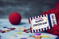 Red wig, clown nose and text happy circus day Royalty Free Stock Photo