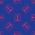 Red Window with curtains in the room icon isolated seamless pattern on blue background. Vector Royalty Free Stock Photo