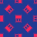Red Window with curtains in the room icon isolated seamless pattern on blue background. Vector Royalty Free Stock Photo