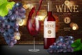 Red wine ad, glass bottle with grape on brick background, retro style design. Transparent wine glass with splash for Royalty Free Stock Photo