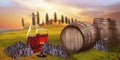 Red wine barrel against Tuscan landscape Italy Royalty Free Stock Photo