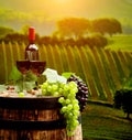 Red wine with barrel on vineyard in green Tuscany, Royalty Free Stock Photo