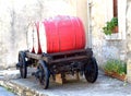 Red wine barrels, old wagon, wine shop, stone house