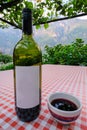 Red wine bottle with blank label and famous ceramic boccalino mug in a rock grotto restaurant, Ticino, Switzerland Royalty Free Stock Photo