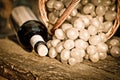 Red wine bottle and bunch of grapes closeup Royalty Free Stock Photo