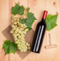 Red wine bottle and bunch of white grapes Royalty Free Stock Photo
