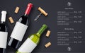 Red Wine bottle, cork and corkscrew concept design for Wines list Royalty Free Stock Photo