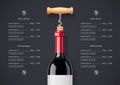 Red Wine bottle, cork and corkscrew concept design for Wines list Royalty Free Stock Photo