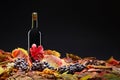 Red wine, grapes and dry vine leaves . Royalty Free Stock Photo