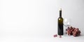 Red wine in a bottle, empty wine glass and red grapes over white background, isolated on white. Royalty Free Stock Photo