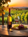 red wine bottle and glass on the background of a vineyard in the background Royalty Free Stock Photo
