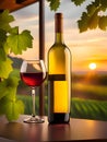 red wine bottle and glass on the background of a vineyard in the background Royalty Free Stock Photo