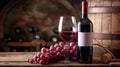 A red wine bottle, a wine glass, wine barrel and grapes, creating a classic wine setup against a rustic background with copy-space Royalty Free Stock Photo