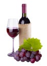 Red wine bottle, glass and grape with foliage on white Royalty Free Stock Photo