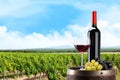 Red wine bottle, glass and grapes on wine barrel Royalty Free Stock Photo