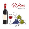 Red wine bottle, glass and grapes vector illustration. Royalty Free Stock Photo