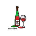 Red wine bottle and glass outline icon on white background. Colored cartoon sketch graphic design. Doodle style. Hand drawn image Royalty Free Stock Photo