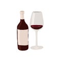 Red wine bottle and a glass. Picknick food and alcohol drink. Set of Abstract vector illustrations. Summer trendy simple