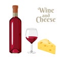 Red wine in bottle, glass and piece of yellow cheese isolated on white background. Set of vector illustrations. Royalty Free Stock Photo