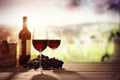 Red wine bottle and glass on table in vineyard Tuscany Italy