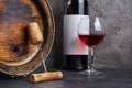 Red wine bottle with glass for tasting and wooden barrel with corkscrew in dark cellar Royalty Free Stock Photo