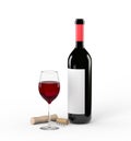 Red wine bottle and glass on white
