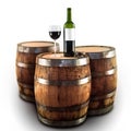Red wine bottle and glass on a wooden barrel Royalty Free Stock Photo