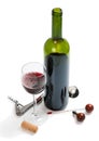 Red wine bottle, glasses, corkscrew, corks and thermometer. Royalty Free Stock Photo