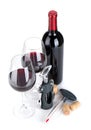 Red wine bottle, glasses, corkscrew, corks and thermometer Royalty Free Stock Photo