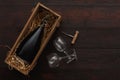 Red wine bottle, glasses, corkscrew, flat lay Royalty Free Stock Photo