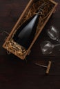 Red wine bottle, glasses, corkscrew, flat lay Royalty Free Stock Photo
